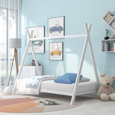 CKLMMC Stylish Kids Metal House Bed with Slatted Base,Twin Size Tent Play Bed with Roof,for Kids Teen Boys Girls Bedroom,No Box Spring Needed (White#k)