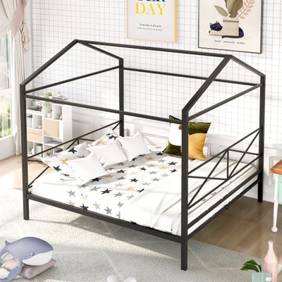 CKLMMC Simple Queen Size Metal House Shape Platform Bed with Roofing,Slatted Support,for Kids Teen Boys Girls Bedroom,No Box Spring Needed (Black#h)