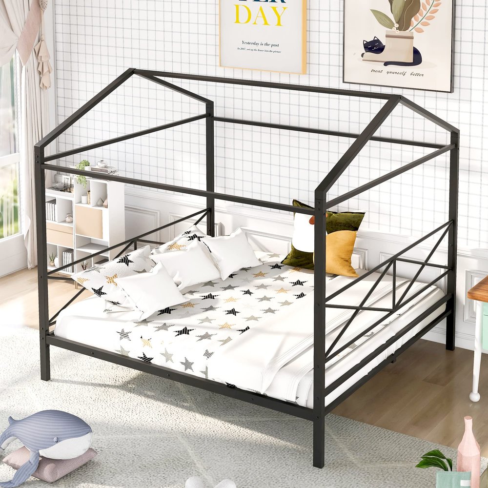CKLMMC Simple Queen Size Metal House Shape Platform Bed with Roofing,Slatted Support,for Kids Teen Boys Girls Bedroom,No Box Spring Needed (Black#h)