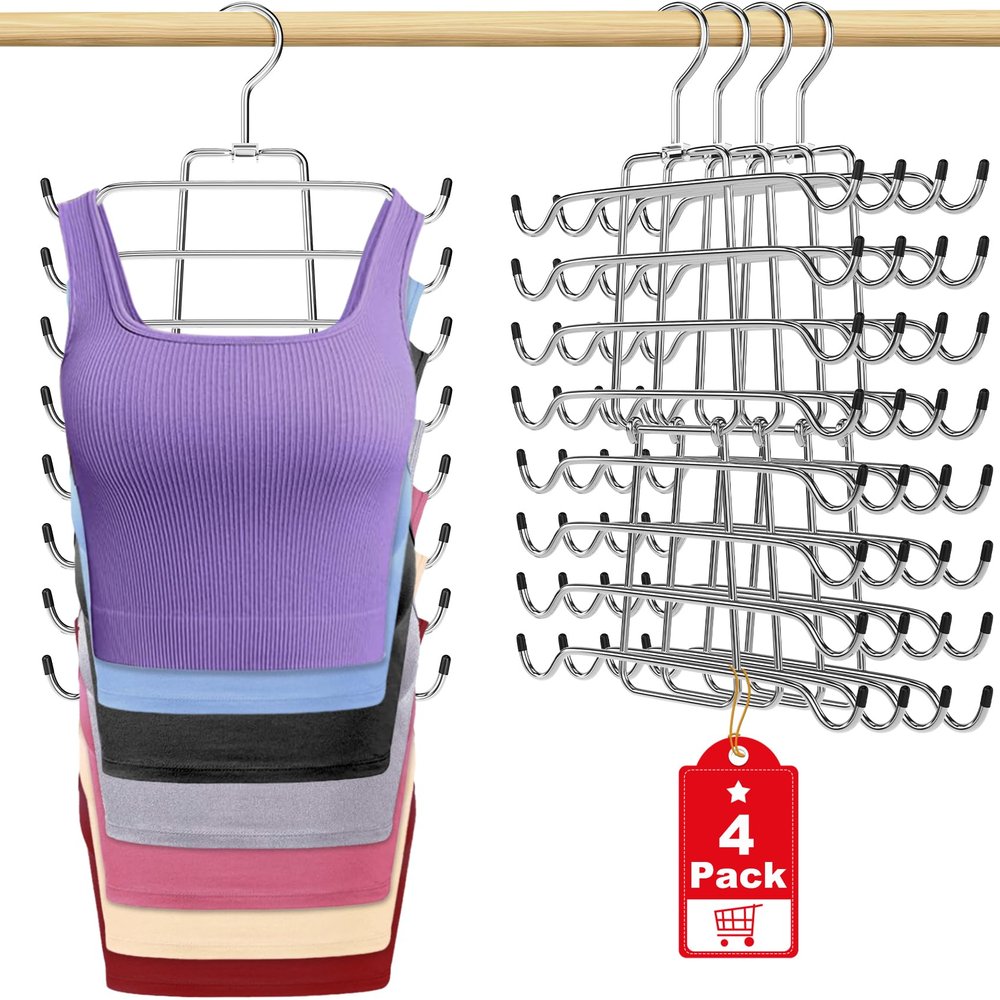 4Pcs Tank Top Hangers Space Saving Hanger Organizer Bra Hangers for Closet Organizer 360 Rotating Metal Closet Organizers and Storage Lingerie for Cami Bras Belts Swimsuits Lingeries Silver