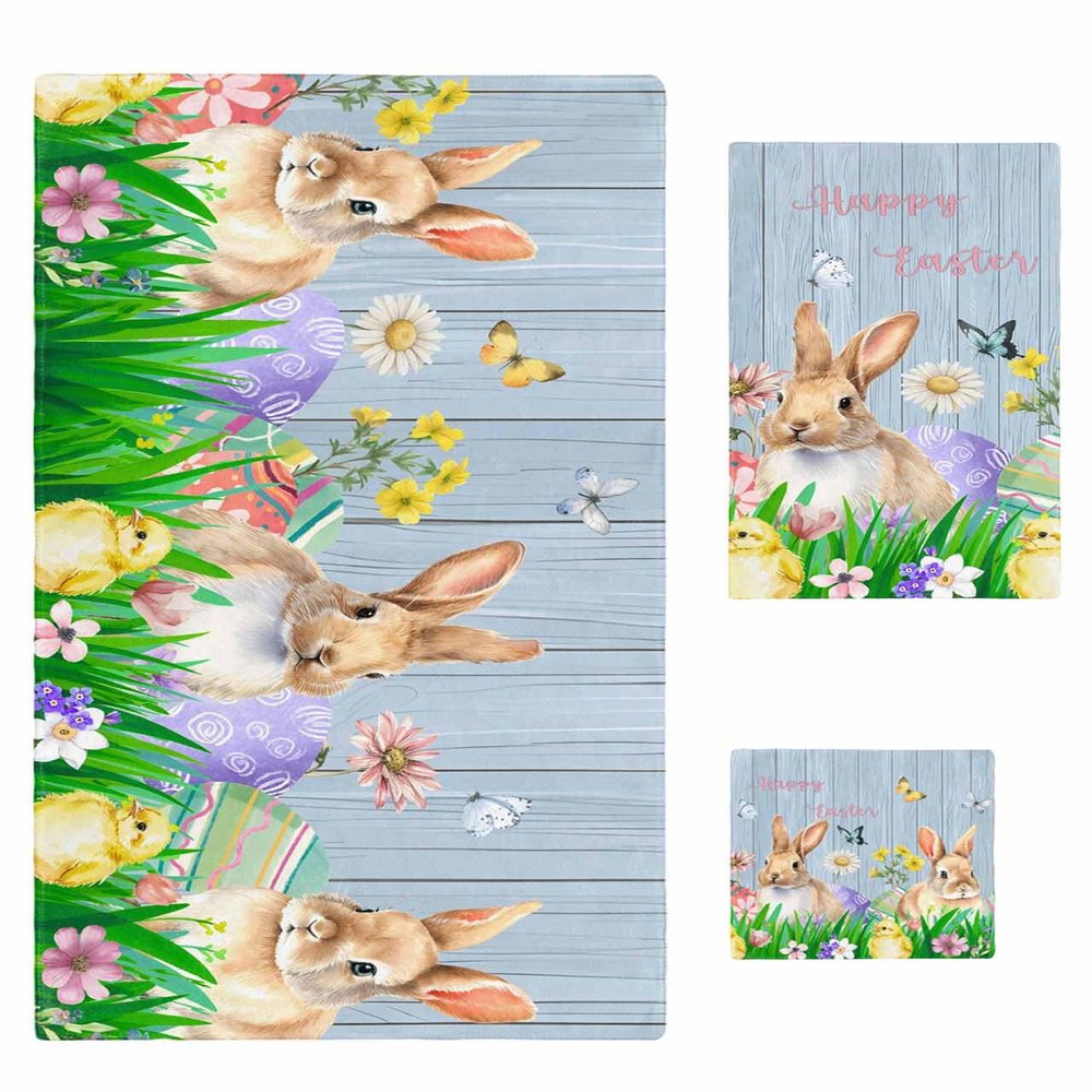 Farm Bathroom Towel Set,Microfiber Bath Kitchen Beach Hand Dish Towels Set,Easter Bunnies Easter Egg Chick Spring Tulip Blue Wood Grain Quick Dry Luxury Soft Decorative Towels+Set Clearance Bulk
