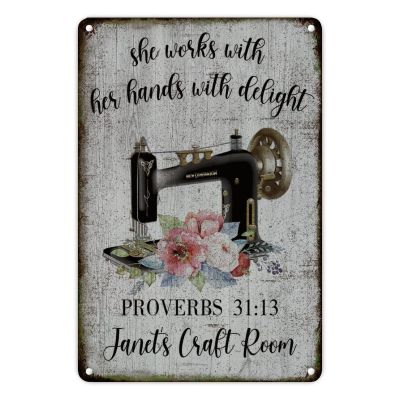 Metal Tin Sign Wall Decoration She Works with Her Hands with Delight Proverbs 31:13 Novelty Metal Signs Personalized Sewer Name Retro Flowers 12x18in Retro Metal Wall Plaque for Girlfriend Gift Garden Bathroom Decoration