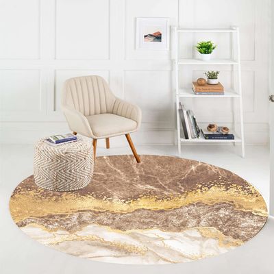 Modern Aesthetic Marble Abstract Round Area Rug 5ft Brown Gold Soft Washable Circular Rug for Living Room Dining Room Plush Throw Carpet Beside Bed Under Chair Table Floor Rug