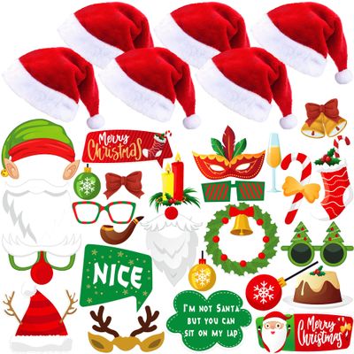 34 Pieces, Christmas Photo Props for Photoshoot | Santa Hat for Christmas Party Favors Pack of 6 | Christmas Photo Booth Props | Santa Claus Hat for Christmas Party Decorations | Santa Hats Adult
