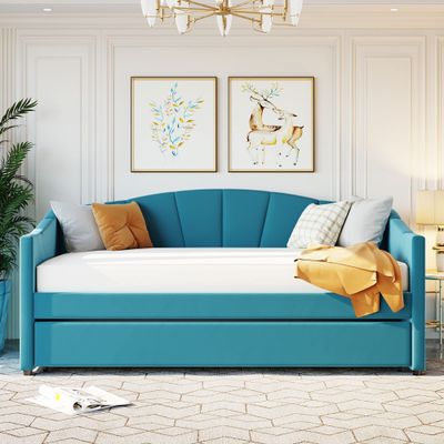 Daybed with Trundle Twin Size Day Bed Fabric Upholstered Sofa Bed Frame Slat Support for Bedroom, Living Room No Spring Box Needed(Blue)