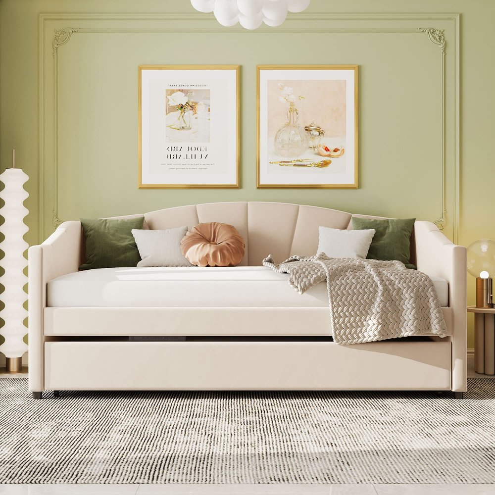 Bellemave Daybed with Trundle Twin Size Day Bed Fabric Upholstered Sofa Bed Frame Slat Support for Bedroom, Living Room No Spring Box Needed(Beige)