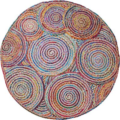 Round Area Rug 4' Hand Braided Jute Flatweave Multicolor Beige Design Handmade Boho Thick 0.27" Geometric Pattern Carpet Sisal Jute Rug Indoor Outdoor Use Rugs for Kitchen, Bedside, Yoga Mat
