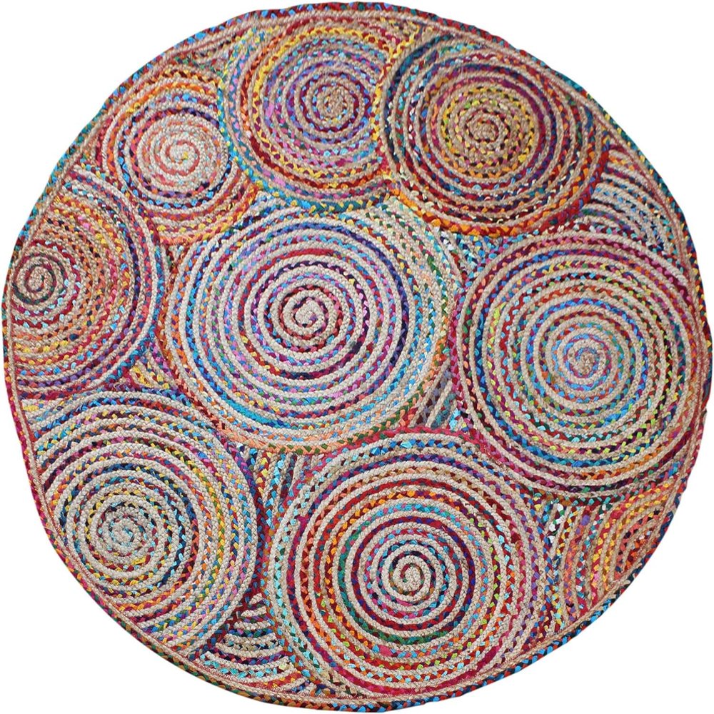 Round Area Rug 4' Hand Braided Jute Flatweave Multicolor Beige Design Handmade Boho Thick 0.27" Geometric Pattern Carpet Sisal Jute Rug Indoor Outdoor Use Rugs for Kitchen, Bedside, Yoga Mat