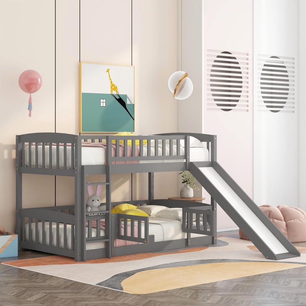 JIVOIT Twin-Over-Twin Low Bunk Bed with Detachable Fence, Wooden Bunk Bed Frame with Convertible Slide and Ladders, Floor Bunk Bed with Fun Small Door for Kids Boys Girls (Gray-Twin-Detachable Fence)