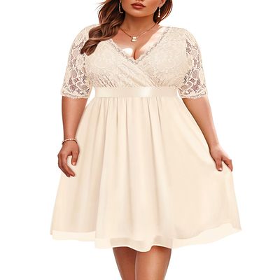 Pinup Fashion Champagne Dress Women Plus Size Bridesmaid Wedding Guest Short Homecoming Prom Formal Cocktail Lace Chiffon Midi Dress