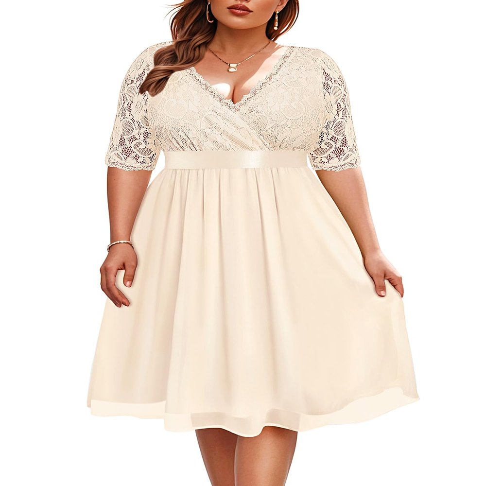 Pinup Fashion Champagne Dress Women Plus Size Bridesmaid Wedding Guest Short Homecoming Prom Formal Cocktail Lace Chiffon Midi Dress