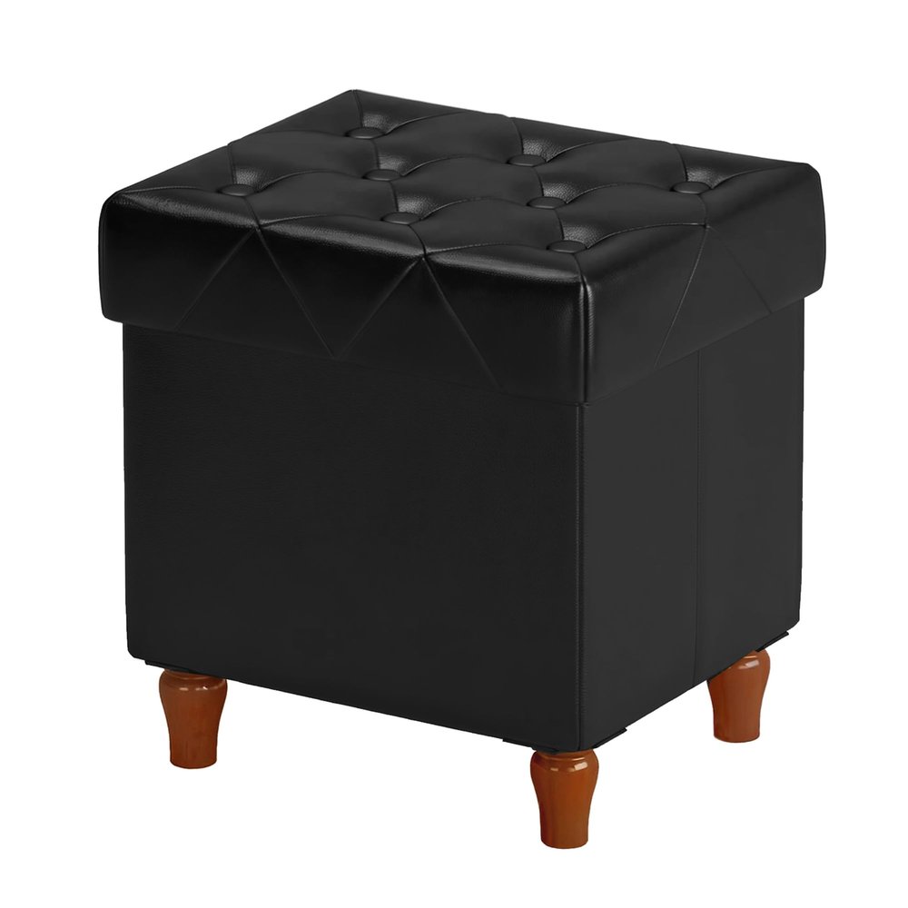 CAROLMADE Folding Storage Ottoman Cube PU Leather Footstool with Wood Legs Ottoman Footrest for Living Room and Bedroom Black, 15x12.6 x 15.4