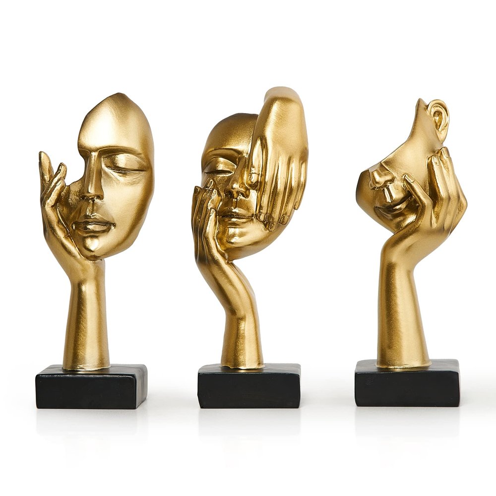 3 Pcs Gold Thinker Statues Sculptures for Home Decor, Golden Statues Table Decor Accents, House Decorations for Living Room Bedroom Office, Bookshelf Decorative Objects