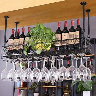 Bar Unit Floating Shelves Wall-Mounted Wine Racks, Wine Bottle Holder Ceiling Hanging Metal Iron Wine Glass Rack Goblet Stemware Racks (Color : Black, Size : 12025cm(4710inch))
