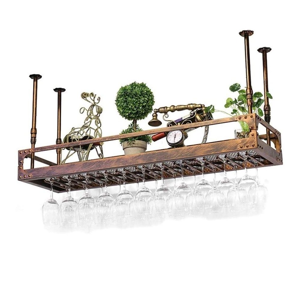 Ceiling Wine Racks, Adjustable Height Hanging Wine Glass Holder, Wall Mounted Wine Bottle Racks Bar Counter Hanging Stemware Goblet Holder (Color : Bronze, Size : 12035cm(4714inc