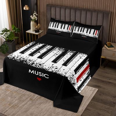 Manfei Kids Musical Bedspread Twin Size, Black and White Piano Key Quilted Coverlet with 1 Pillowcase, Retro Music Coverlet Set 2pcs for Boys Girls Room Decor,Soft Polyester Bedding Quilt
