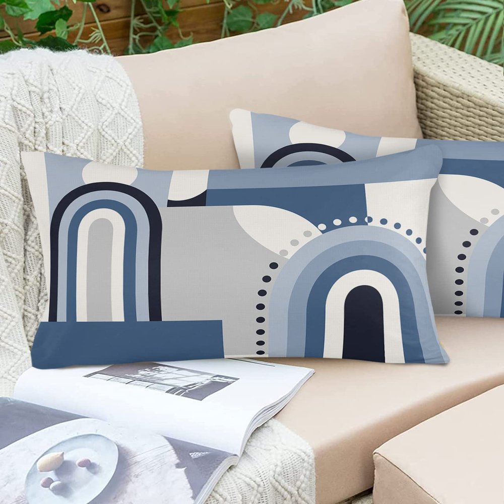 LEOSUCRE Pack of 2 Waterproof Decorative Pillow Covers, Blue Boho Geometric Throw Pillow Covers Rectangle Pillowcases Cushion Covers for Couch Patio Garden 20x12 Inch Abstract Middle Ages Texture