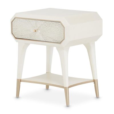Michael Amini La Rachelle Beige 1-Drawer Nightstand with Acrylic Handle Solid and Manufactured Wood Birch Storage Table for Bedroom Organization and Elegant Dcor
