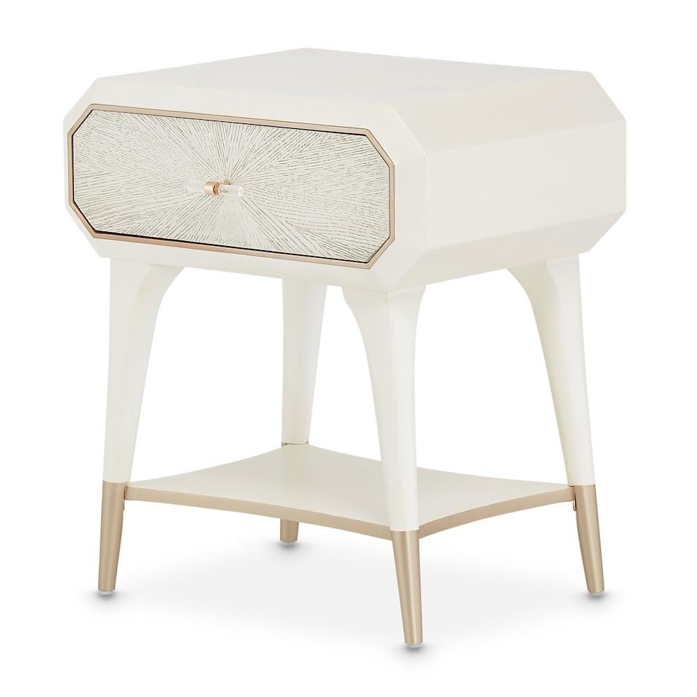 Michael Amini La Rachelle Beige 1-Drawer Nightstand with Acrylic Handle Solid and Manufactured Wood Birch Storage Table for Bedroom Organization and Elegant Dcor