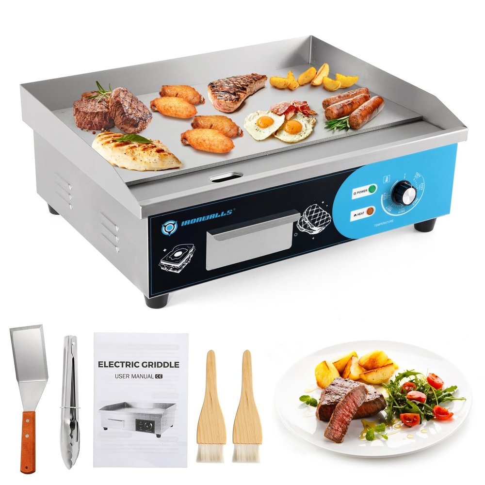 IRONWALLS Commercial Griddle Electric 22, 3000W Electric Flat Top Grill, Stainless Steel Countertop Electric Griddle Nonstick with 122~572Adjustable Temperature Control for Restaurant Kitchen