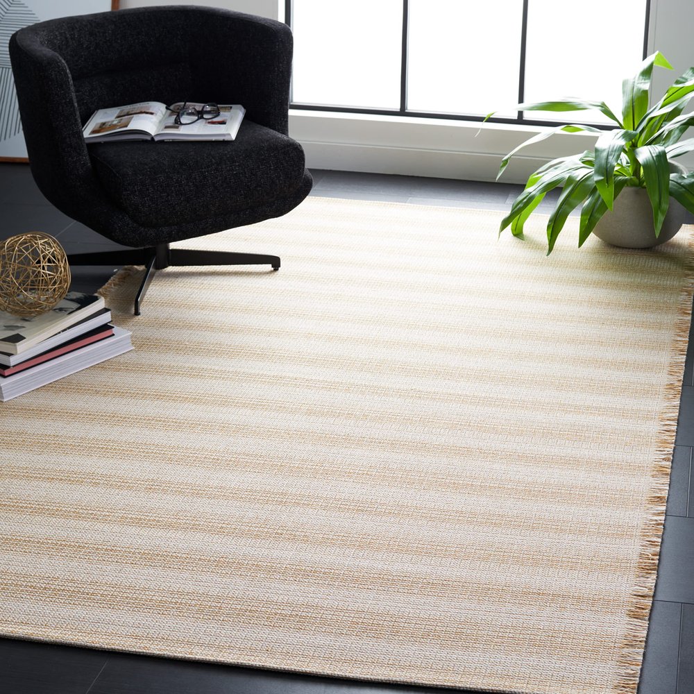 SAFAVIEH Area Rug 8x10 - Augustine Collection - Large - Ivory & Gold, Cotton Stripe Fringe Design, Easy Cleaning, Ideal for Living Room, Bedroom, Office, Dining Space (AGT501D)