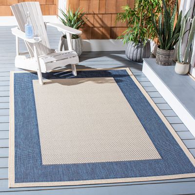 SAFAVIEH Washable Rug Outdoor Courtyard Collection - 7'10" Square, Beige & Navy, Non-Shedding & Easy Cleaning, Ideal for Patio, Backyard, Mudroom (CY7987-25812)