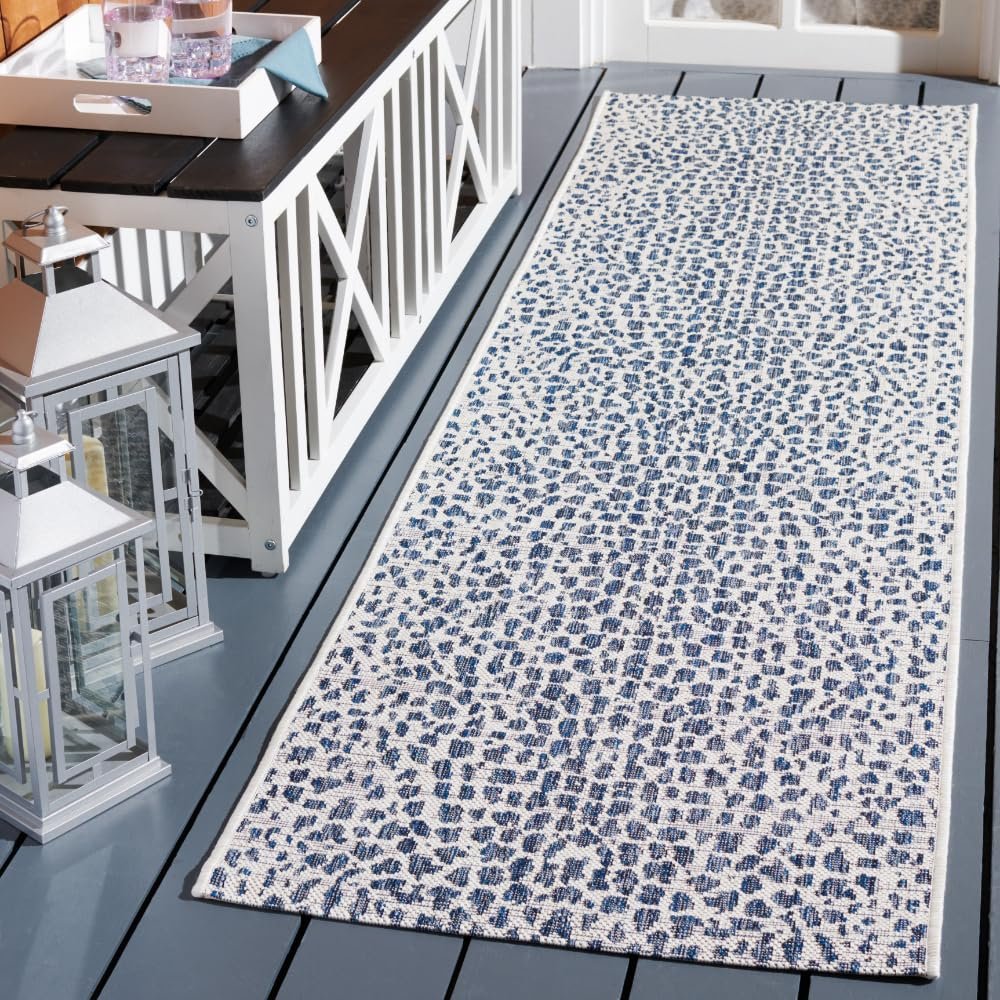 SAFAVIEH Washable Rug Outdoor Courtyard Collection - 2'3" x 14' Runner, Ivory & Navy, Non-Shedding & Easy Cleaning, Ideal for Patio, Entryway, Mudroom, Hallway, Kitchen (CY8505-53412)