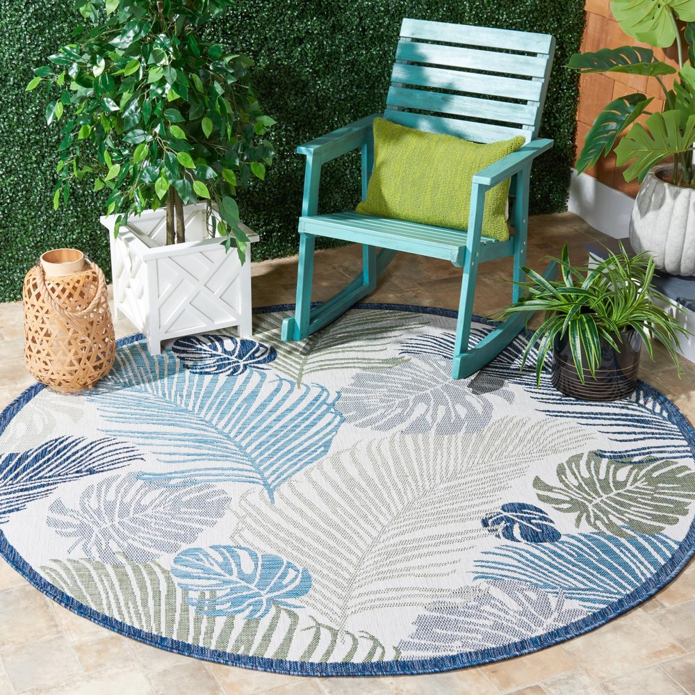 SAFAVIEH Washable Rug Outdoor Courtyard Collection - 6'7" Round, Beige & Green Blue, Non-Shedding & Easy Cleaning, Ideal for Patio, Backyard, Mudroom (CY9621-53424)
