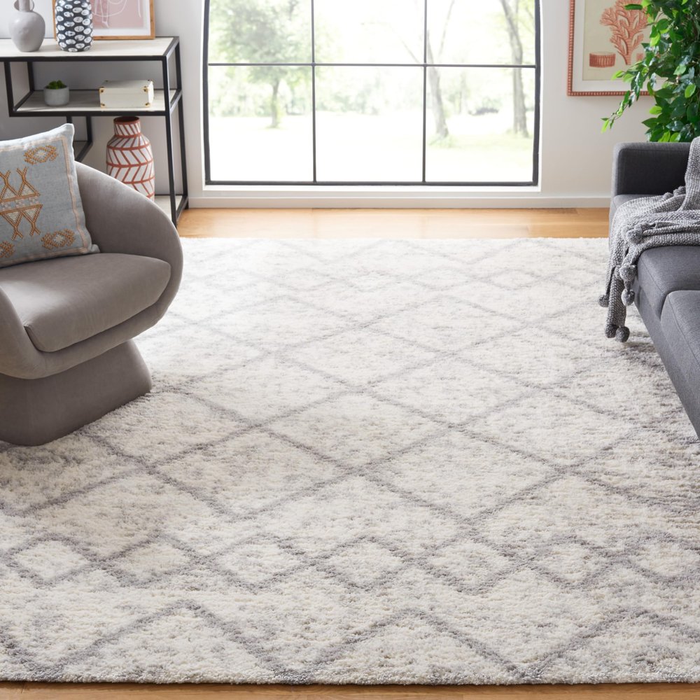 SAFAVIEH Area Rug 8x10 - Berber Shag Collection - Large - Ivory & Grey, Moroccan Design, Non-Shedding & Easy Cleaning, Plush Thick Pile, Ideal for Living Room, Bedroom, Dining Space (BER572F)