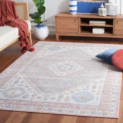 SAFAVIEH Washable Rug Bayside Collection - 8' x 10', Ivory & Blue Pink, Easy Cleaning, Ideal for in Living Room, Bedroom, Home Office, Dining Space (BAY118A)