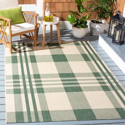 SAFAVIEH Washable Rug Outdoor Courtyard Collection - 4' Square, Green & Beige, Plaid Pattern, Non-Shedding & Easy Cleaning, Ideal for Patio, Backyard, Mudroom (CY6201-322)