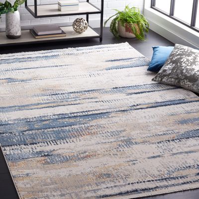 SAFAVIEH Washable Rug Bayside Collection - 8' x 10', Blue & Gold, Easy Cleaning, Ideal for in Living Room, Bedroom, Home Office, Dining Space (BAY130M)