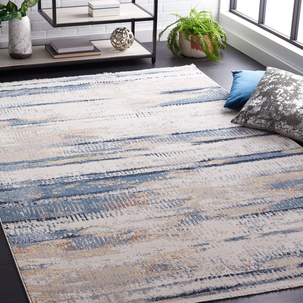 SAFAVIEH Washable Rug Bayside Collection - 8' x 10', Blue & Gold, Easy Cleaning, Ideal for in Living Room, Bedroom, Home Office, Dining Space (BAY130M)
