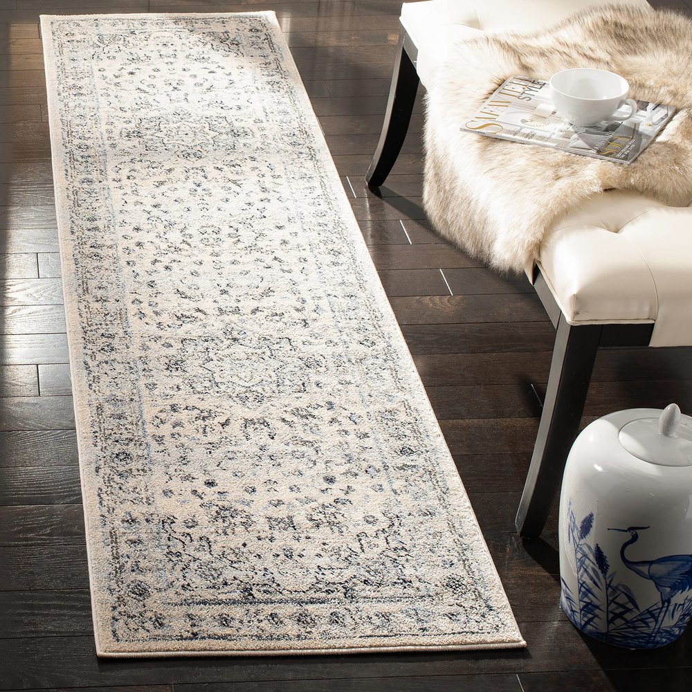 SAFAVIEH Charleston Collection Runner Rug - 2' x 12', Ivory & Light Blue, Oriental Distressed Design, Non-Shedding & Easy Care, Ideal for High Traffic Areas in Living Room, Bedroom (CHL411M)