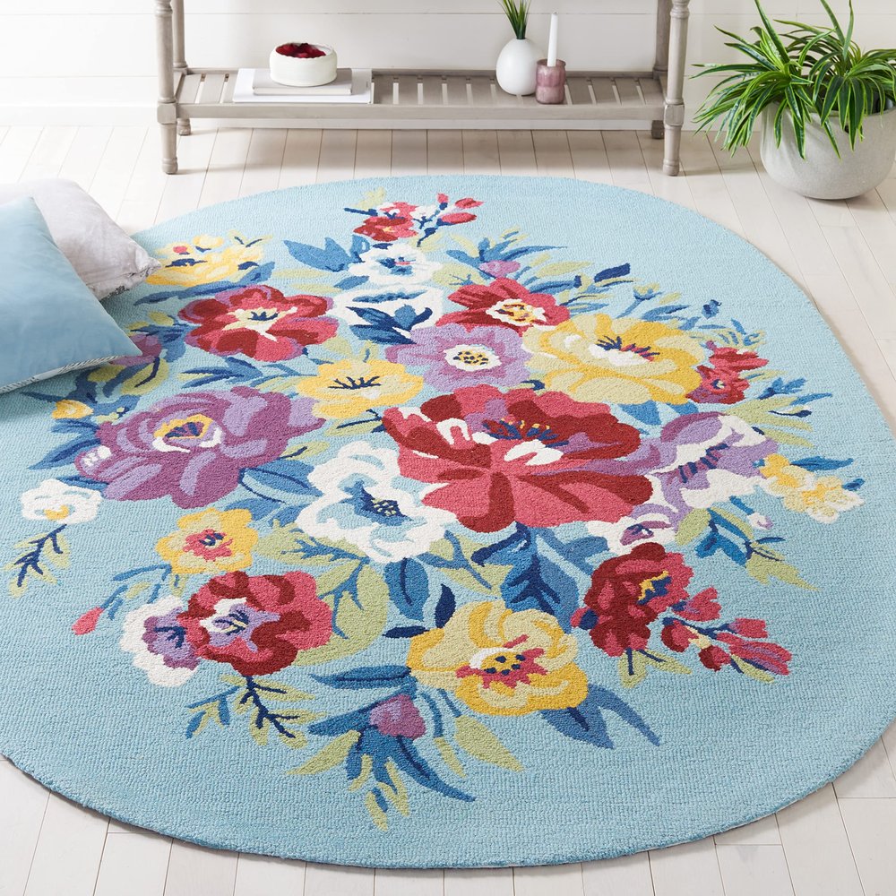 SAFAVIEH Chelsea Collection Area Rug - 3' x 5' Oval, Blue & Rose, Handmade French Country Floral Wool, Ideal for High Traffic Areas in Living Room, Bedroom (HK219M)