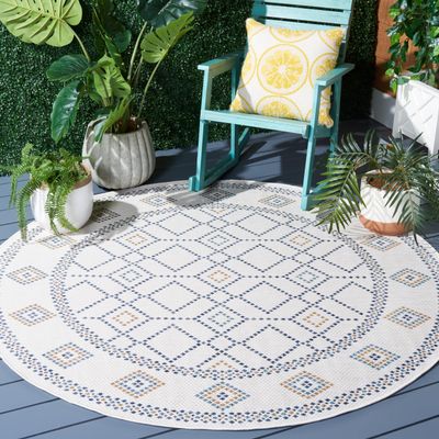 SAFAVIEH Washable Rug Outdoor Courtyard Collection - 6'7" Round, Ivory & Navy Yellow, Non-Shedding & Easy Cleaning, Ideal for Patio, Backyard, Mudroom (CY9681-53455)