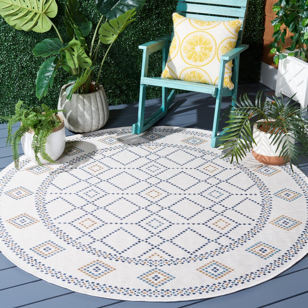 SAFAVIEH Washable Rug Outdoor Courtyard Collection - 6'7" Round, Ivory & Navy Yellow, Non-Shedding & Easy Cleaning, Ideal for Patio, Backyard, Mudroom (CY9681-53455)