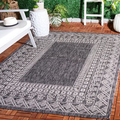 SAFAVIEH Washable Rug Outdoor Courtyard Collection - 6'7" x 9'6", Black & Beige, Non-Shedding & Easy Cleaning, Ideal for Patio, Backyard, Mudroom (CY8484-36621)