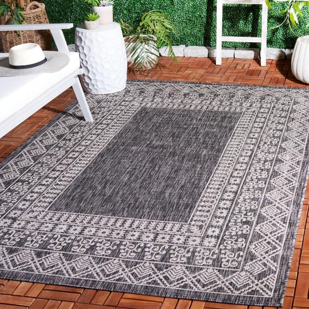 SAFAVIEH Washable Rug Outdoor Courtyard Collection - 6'7" x 9'6", Black & Beige, Non-Shedding & Easy Cleaning, Ideal for Patio, Backyard, Mudroom (CY8484-36621)