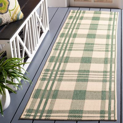 SAFAVIEH Washable Rug Outdoor Courtyard Collection - 2'3" x 22' Runner, Green & Beige, Plaid Pattern, Non-Shedding & Easy Cleaning, Ideal for Patio, Entryway, Mudroom, Hallway, Kitchen (CY6201-322)