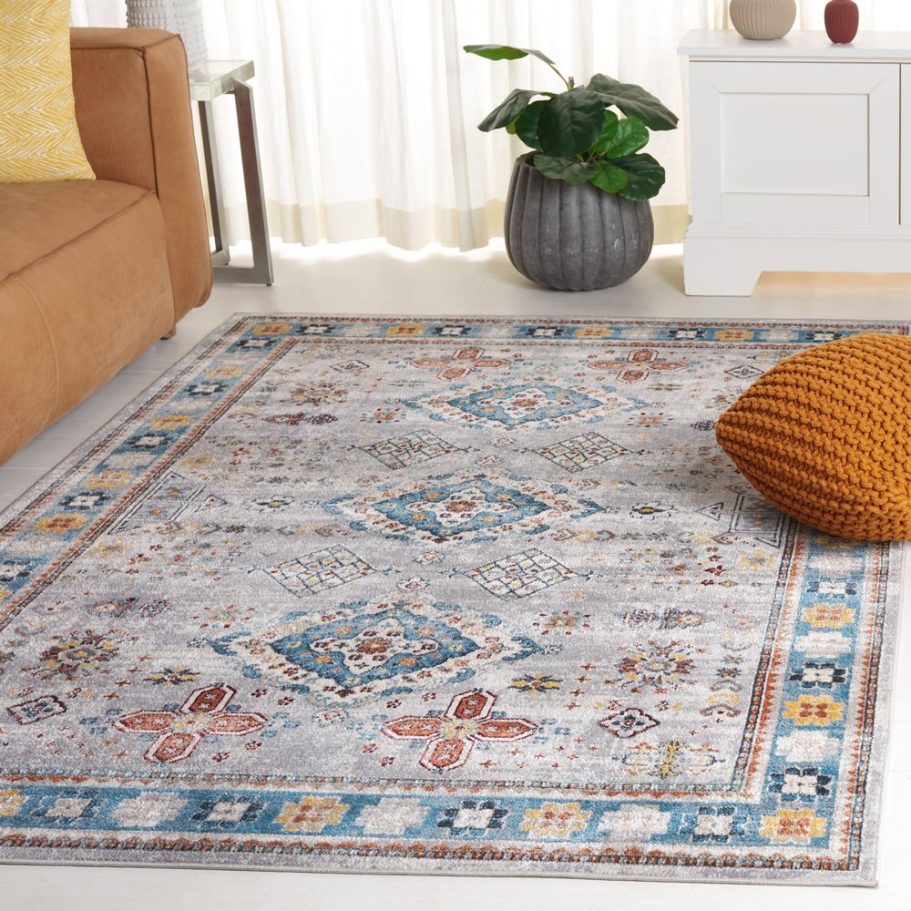 SAFAVIEH Washable Rug Bayside Collection - 8' x 10', Light Grey & Blue, Easy Cleaning, Ideal for in Living Room, Bedroom, Home Office, Dining Space (BAY106F)
