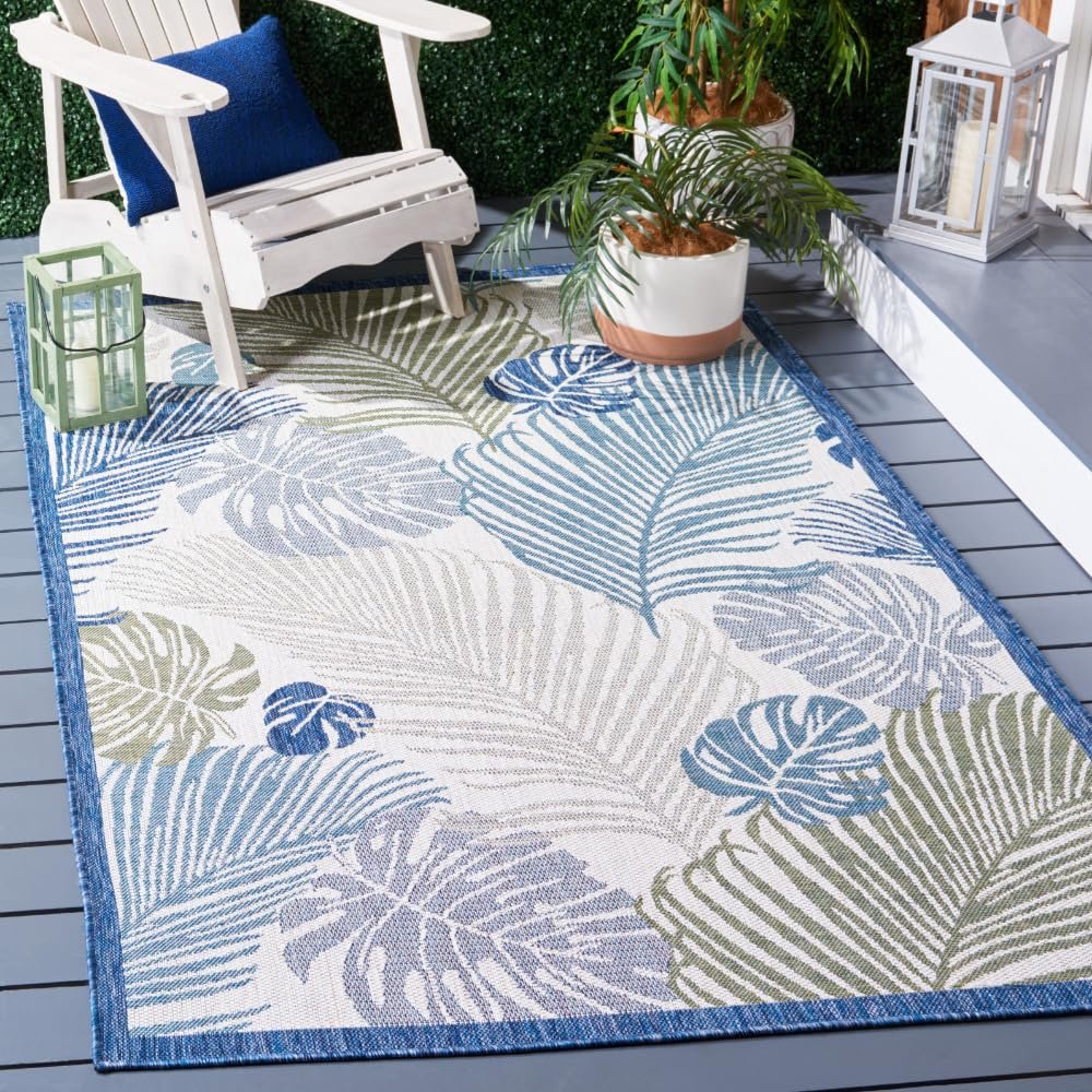 SAFAVIEH Washable Rug Outdoor Courtyard Collection - 6'7" x 9'6", Beige & Green Blue, Non-Shedding & Easy Cleaning, Ideal for Patio, Backyard, Mudroom (CY9621-53424)