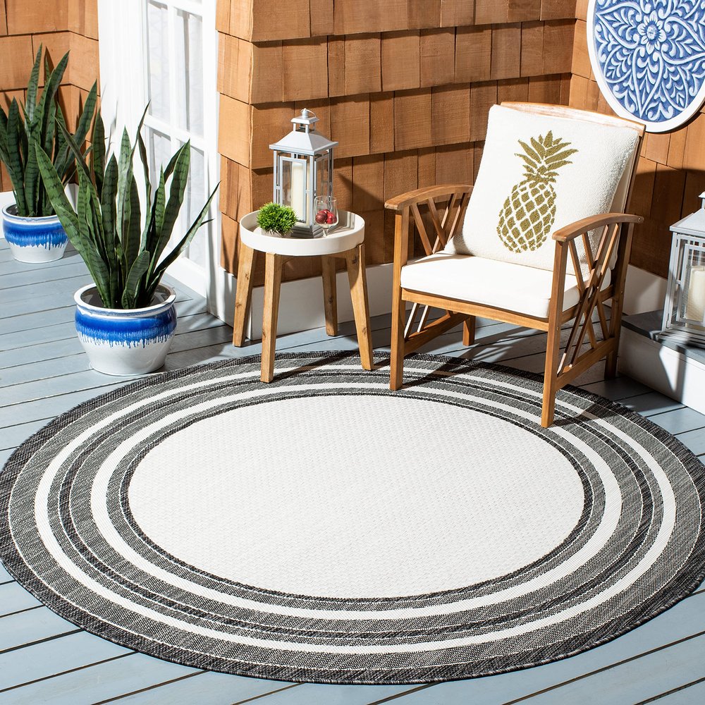SAFAVIEH Washable Rug Outdoor Courtyard Collection - 5'3" Round, Ivory & Black, Non-Shedding & Easy Cleaning, Ideal for Patio, Backyard, Mudroom (CY8475-53712)