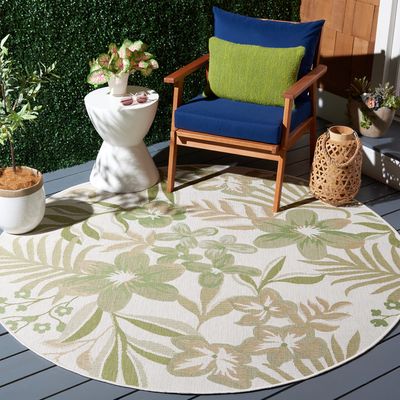 SAFAVIEH Washable Rug Outdoor Courtyard Collection - 6'7" Round, Ivory & Green, Non-Shedding & Easy Cleaning, Ideal for Patio, Backyard, Mudroom (CY9433-52745)