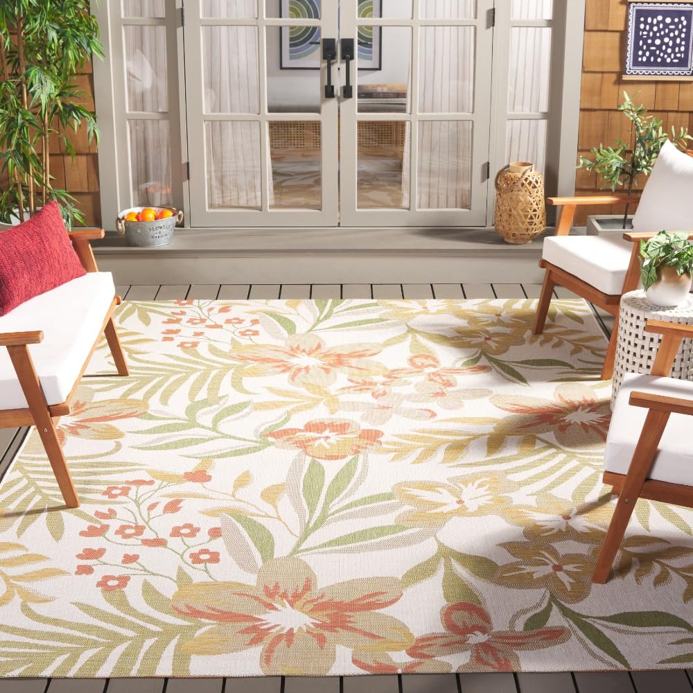 SAFAVIEH Washable Rug Outdoor Courtyard Collection - 8' x 10', Beige & Rust, Non-Shedding & Easy Cleaning, Ideal for Patio, Backyard, Mudroom, Dining Space (CY9433-52755)