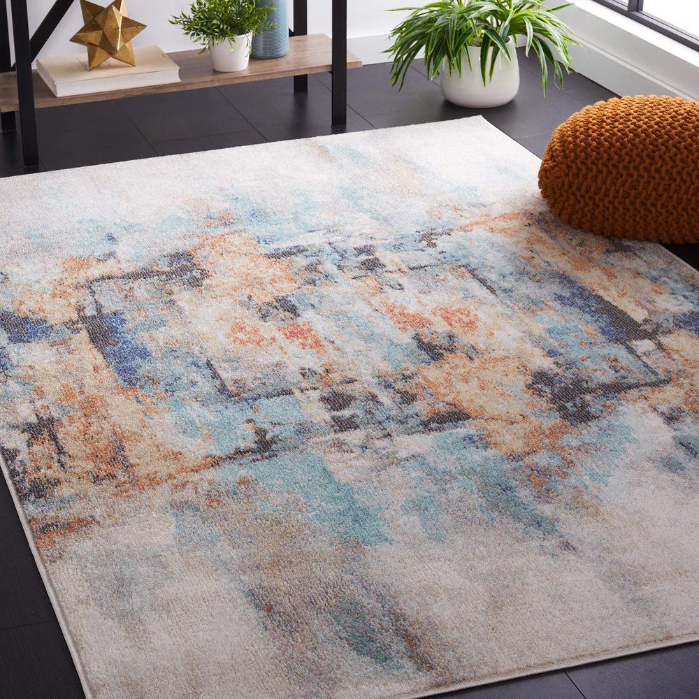 SAFAVIEH Area Rug 8x10 - Phoenix Collection - Large - Aqua & Gold Rust, Modern Abstract Design, Non-Shedding & Easy Cleaning, Ideal for Living Room, Bedroom, Office, Dining Space (PHX510J)