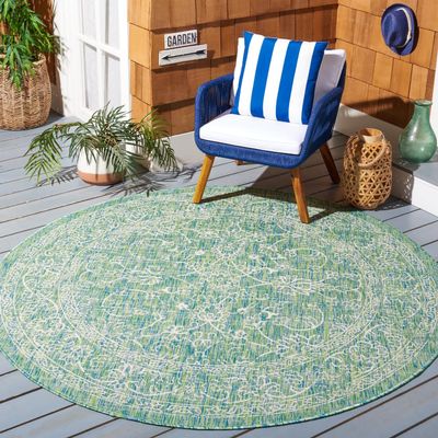 SAFAVIEH Washable Rug Outdoor Courtyard Collection - 7'10" Round, Green & Ivory, Non-Shedding & Easy Cleaning, Ideal for Patio, Backyard, Mudroom (CY8680-55721)