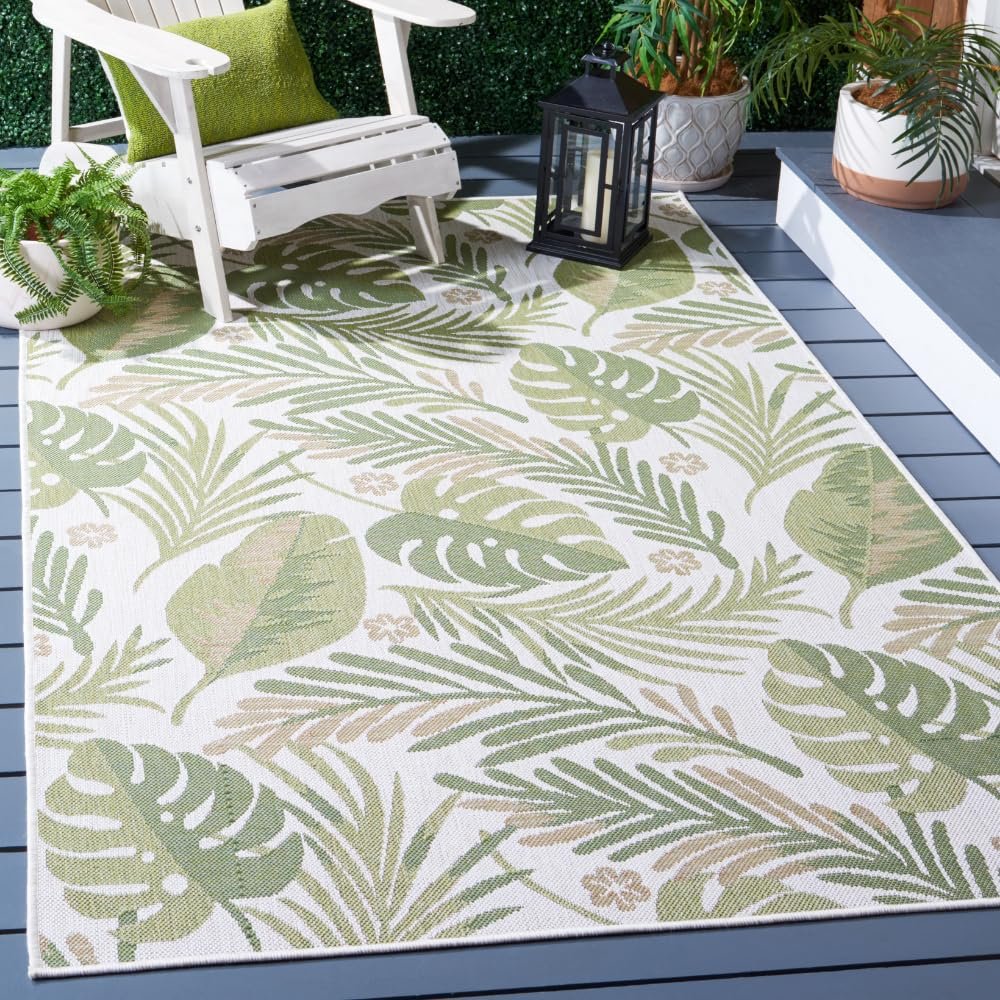 SAFAVIEH Washable Rug Outdoor Courtyard Collection - 6'7" x 9'6", Ivory & Green, Non-Shedding & Easy Cleaning, Ideal for Patio, Backyard, Mudroom (CY9700-52745)