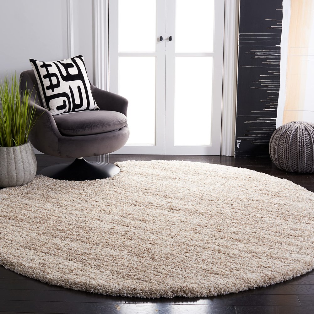 SAFAVIEH Hudson Shag Collection Area Rug - 4' Round, Ivory & Beige, Modern Abstract Design, Non-Shedding & Easy Care, 2-inch Thick Ideal for High Traffic Areas in Living Room, Bedroom (SGH295C)