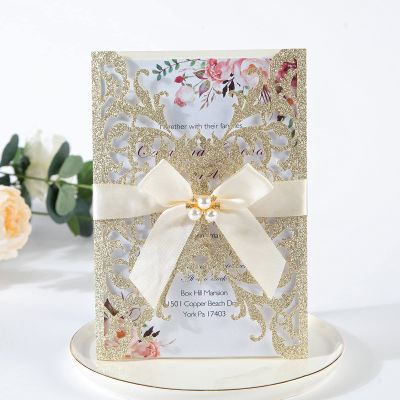 25Pcs Wedding Invitations Glitter Laser Cut Wedding Invitations with Envelopes and Rsvp Cards Blank Inner Sheet Personalized Champagne for Engagement Quinceanera Bridal Baby Shower Anniversary
